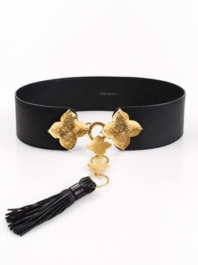 Yves Saint Laurent 2000s Black Leather Belt with Gold Leaf Buckle